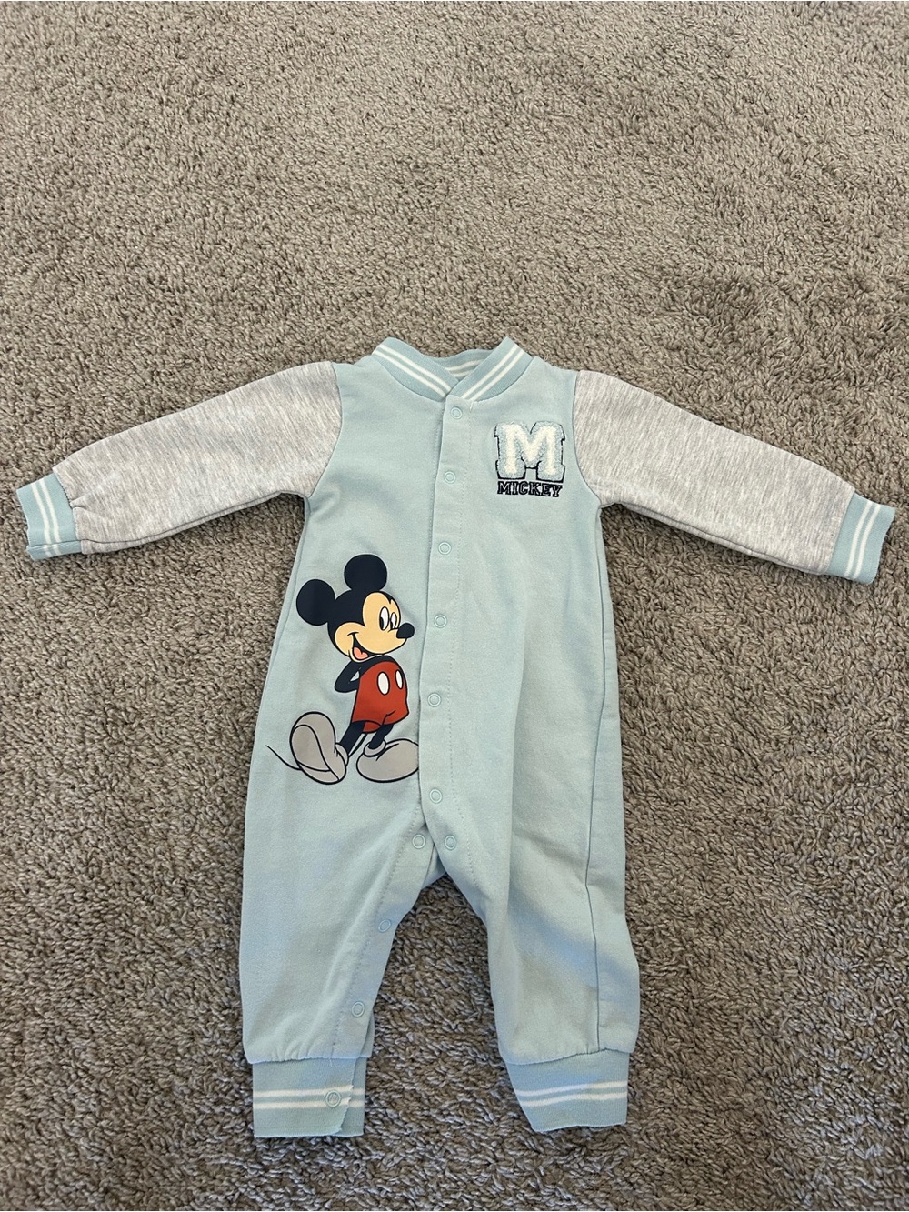 Disney Light Blue & Gray Mickey Mouse Footed One-Piece Romper